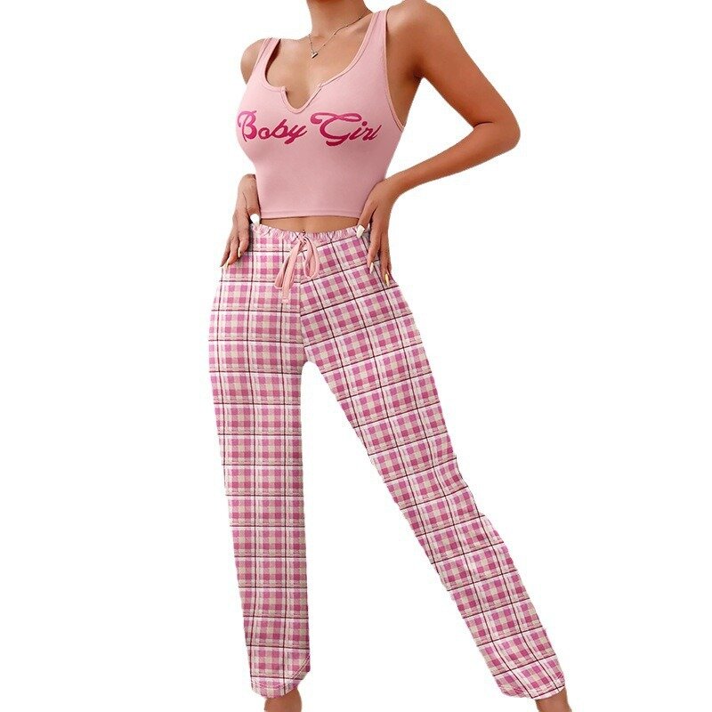 Летняя женская домашняя одежда из 2 предметов, пижамный комплект, жилет, цветные клетчатые брюки, топ с надписью, женская пижама, домашняя одежда, повседневный комплект