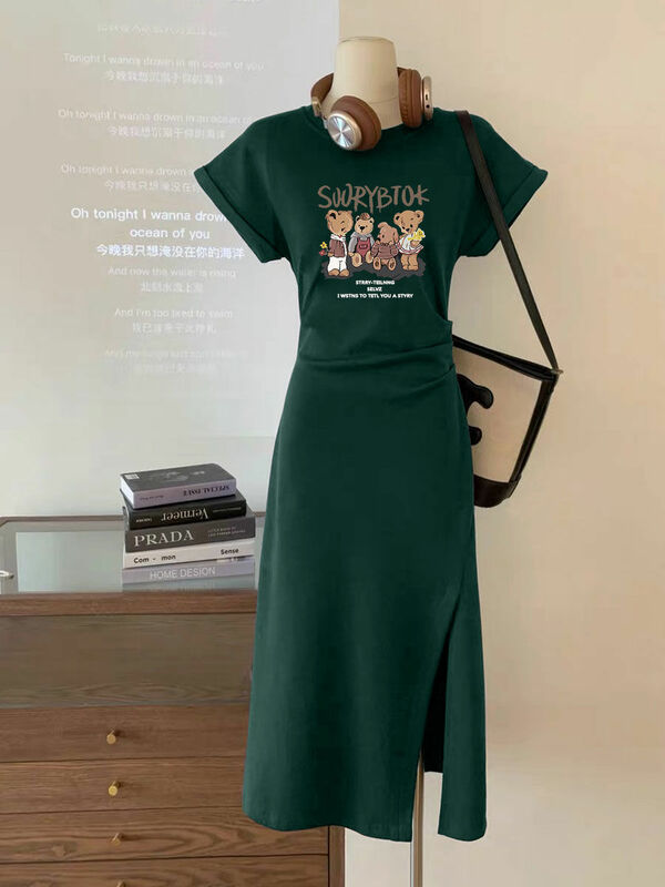 T-shirt z krótkim rękawem damska długa spódnica 2024 nowe lato amerykańska szczelina szczupła dopasowana sukienka wyładować nowy charakter moralny