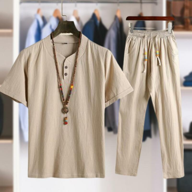 1 Set Popular Beach Outfit Simple Men Top Pants Solid Color Buttons Neckline Chinese Style Top Pants  Thin