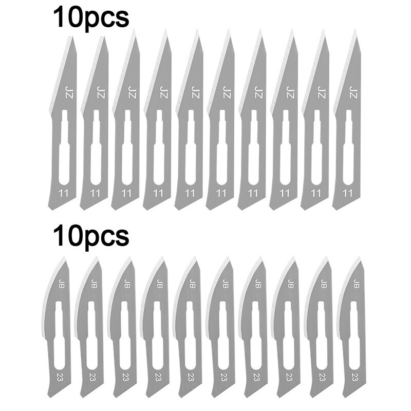 Cuchillas de bisturí quirúrgico de acero al carbono, herramienta de corte artesanal con mango de grabado, cortador de cuchillos, película de pantalla, 11 #23 #, 10 piezas