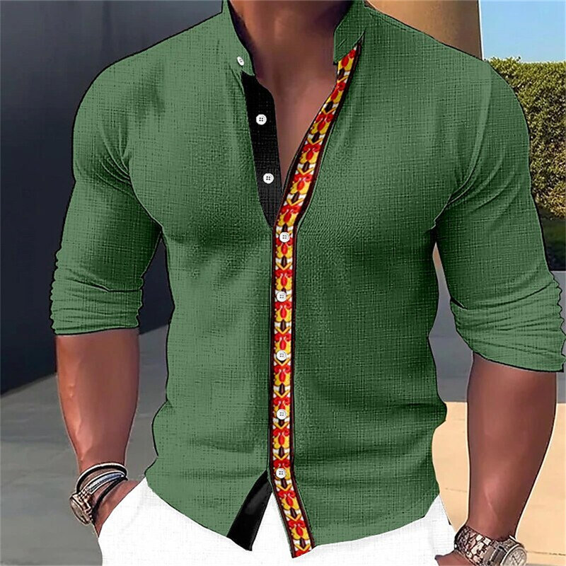 2024 New men's retro Bohemian style 3D printed solid color shirt for daily street vacation stand up collar long sleeved shirt