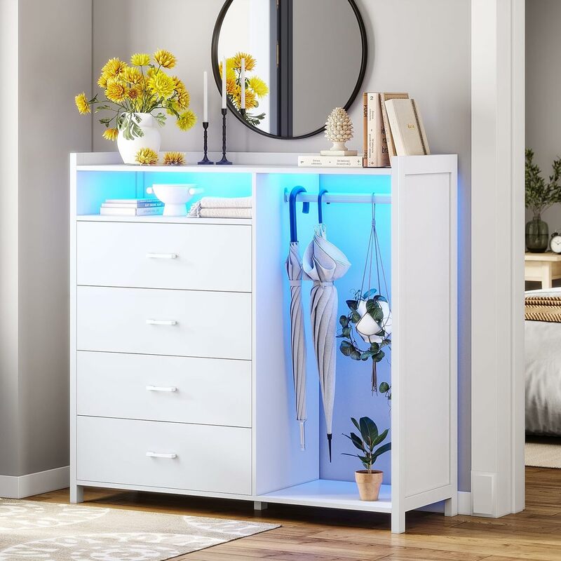 Dresser for Bedroom with Clothing Rack, Dressers& Chests of Drawers, 4 Drawer Dresser with LED Lights,Modern Long Led Dresser