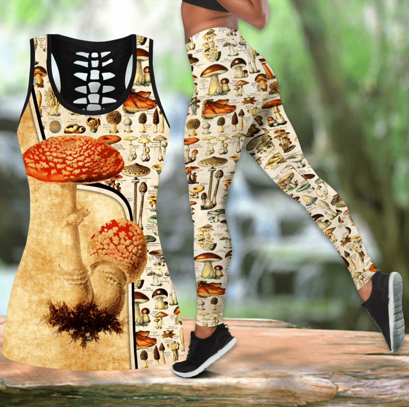 Set Atasan & Legging Berongga Motif 3D Jamur Cantik Celana Legging Panjang Penuh Wanita Fitness Celana Lari Yoga DDK105