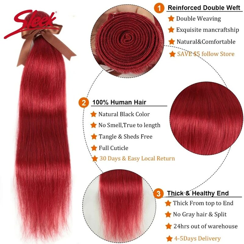 Tissage en lot péruvien Remy naturel lisse rouge élégant, orange, 8 à 28 ans, extension capillaire 100% naturelle