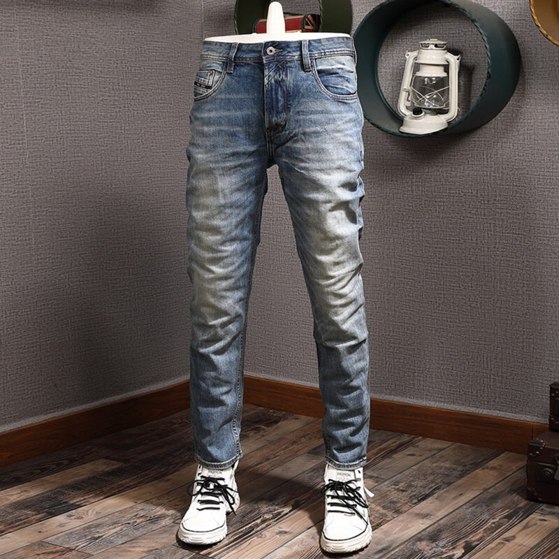 Street modne dżinsy męskie wysokiej jakości elastyczna Slim Fit niebieskie w stylu Retro porwane jeansy męskie spodnie Vintage Designer spodnie dżinsowe Hombre