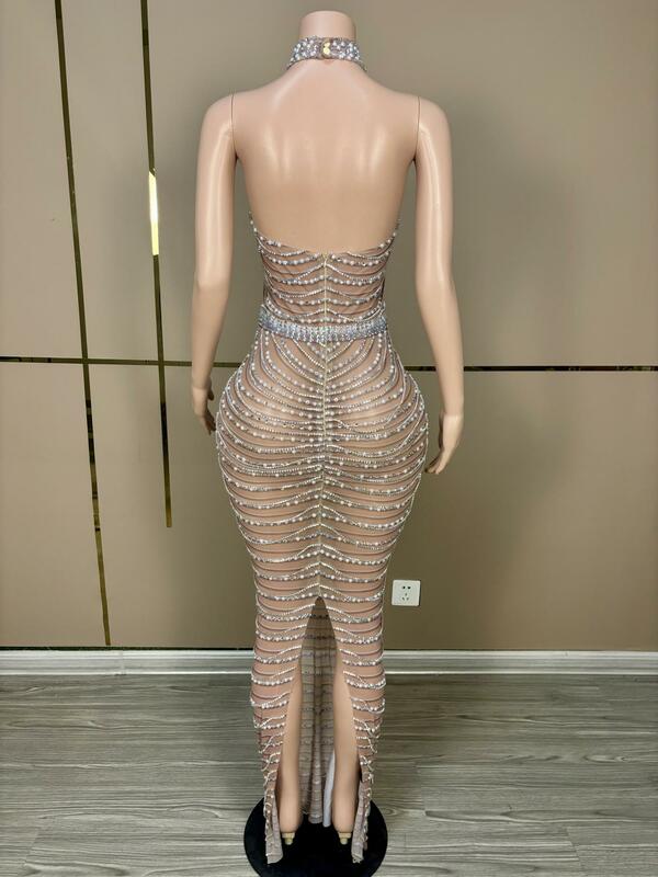 Luksusowa moda przepuszczalność ciężkich kryształów suknie urodzinowe świecące srebrne długie czarne dziewczyny Backless suknie balowe 2024 Paowuxian
