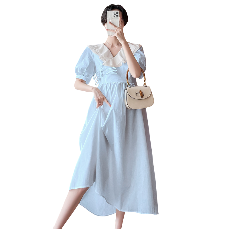 Милое Двухслойное шифоновое платье с оборками на воротнике для беременных с пышными рукавами и высокой талией для беременных женщин пляжное платье винтажная одежда