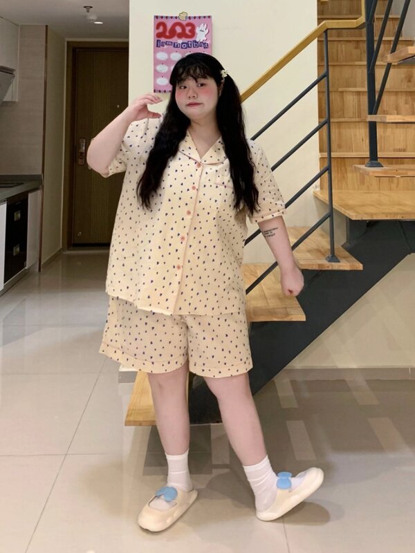 Plus size Chubby Girls Pure Cotton Pajamas Women's 2024 New Summer Short-sleeved Shorts Home Clothes Pure Cotton suit M-5XL