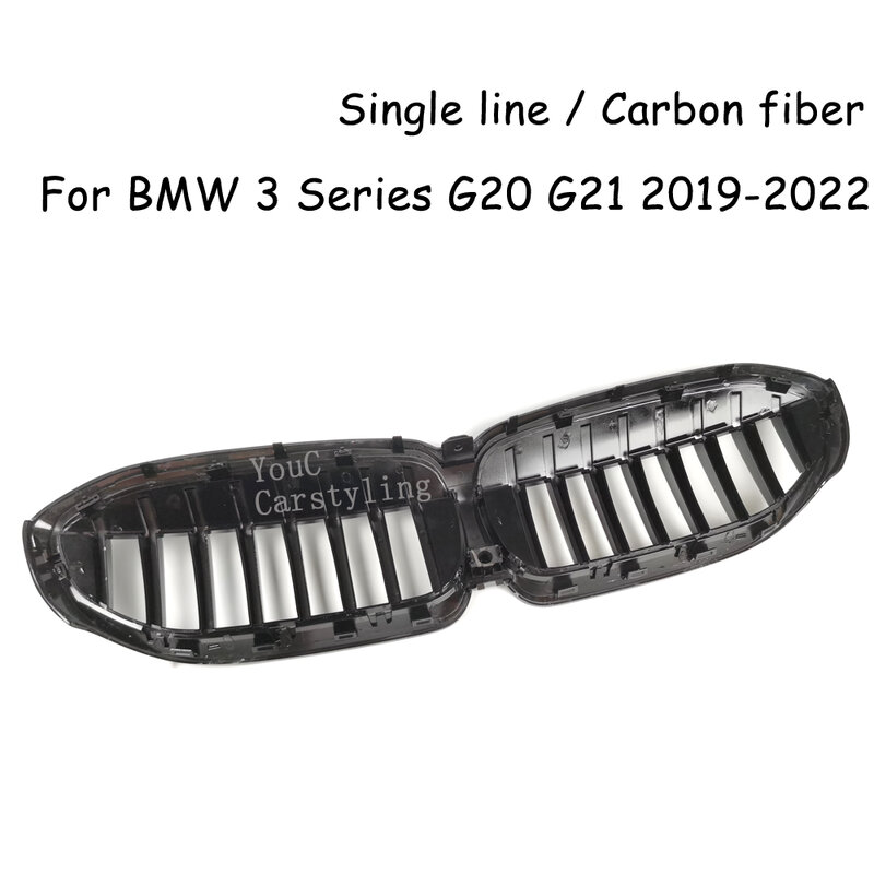 BMW 3 시리즈용 탄소 섬유 그릴, G20 G28 전면 글로스 블랙 그릴, 교체용 키드니 그릴 2019-2022