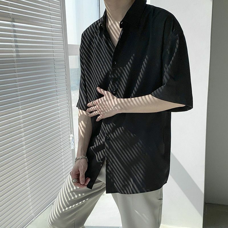 Рубашка мужская с коротким рукавом, шелковая тонкая драпированная блуза без глажки, Повседневная Свободная однотонная с лацканами, на пуговицах, В гавайском стиле, лето