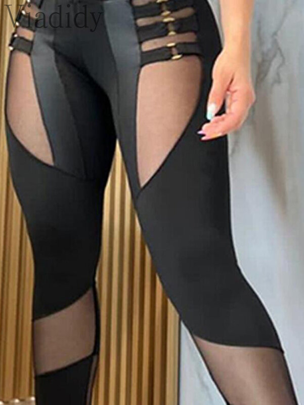 Pantalones de tubo de retazos de malla transparente para mujer, decoración de anillo redondo de Color sólido, Sexy