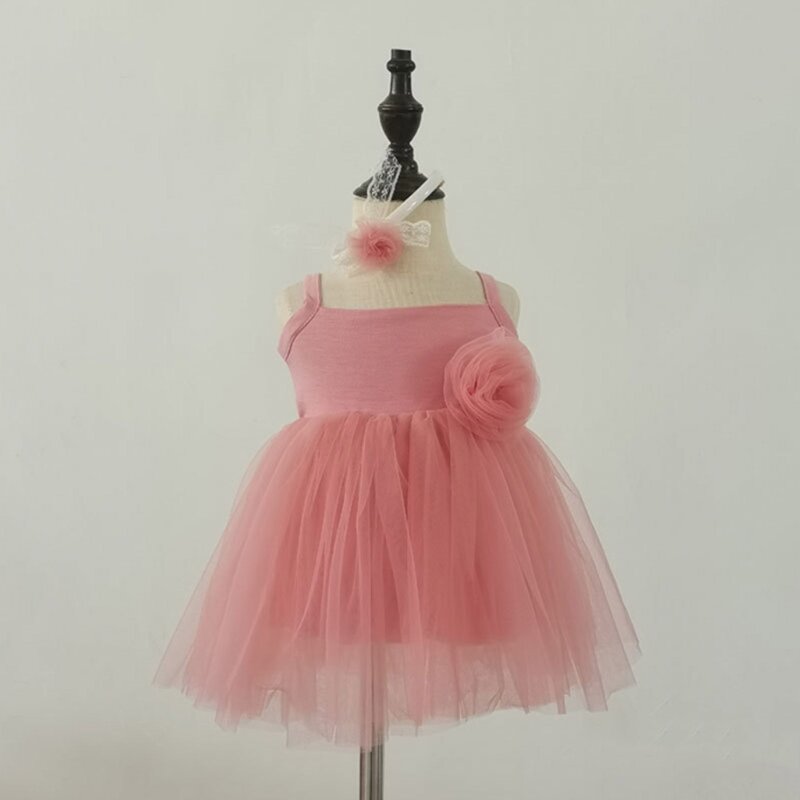 Photography Props for Baby Girl 3-6M Infant Costume Flower Headband Tulle Mesh Dress Newborn Milestones Photo DropShipping
