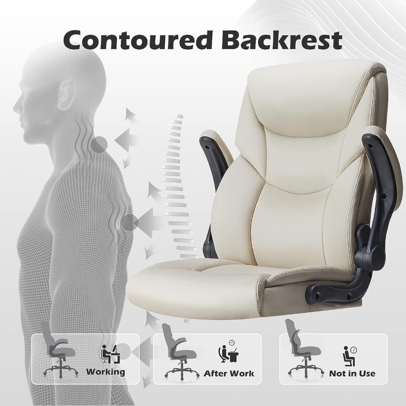 Kursi untuk kantor, kursi meja eksekutif ergonomis punggung tinggi, kursi komputer sandaran lengan lipat kulit PU, kursi gulung dengan roda