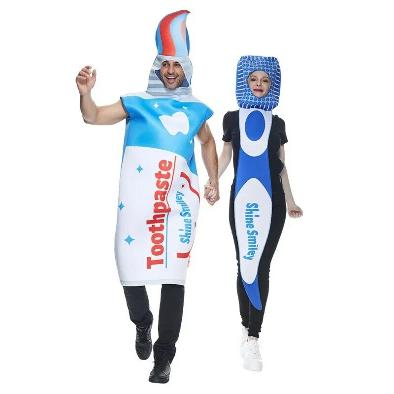Nieuwe Aankomst Halloween Paar Kostuum Unieke Grappige Tandenborstel En Tandpasta Kostuum Man Vrouw Carnaval Feest Outfit 2 Stuks Set