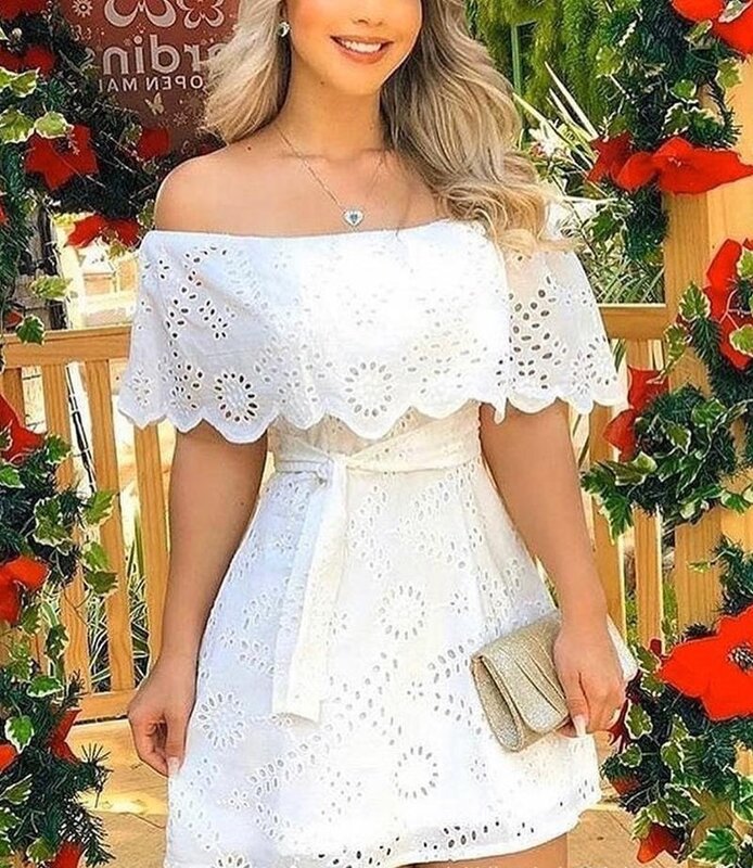 New Women's Off Shoulder Waist Strap Solid Color Midi Skirt Summer Casual Beach White Short Sleeve Pullover Hollow Out Dress