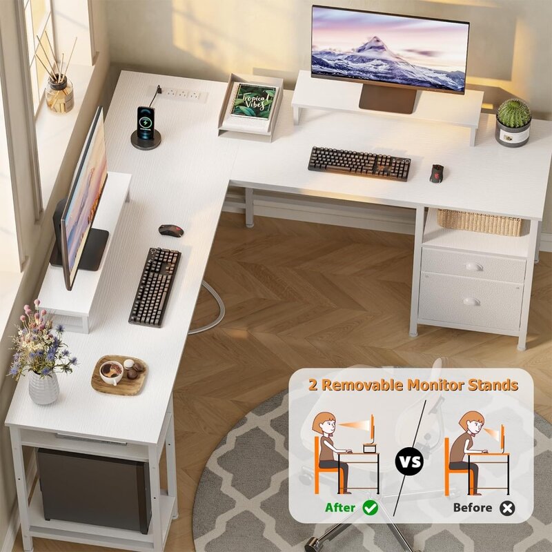 Furologee putih 66 "L meja berbentuk dengan Power Outlet, meja komputer reversibel dengan laci File & 2 stand Monitor, rumah