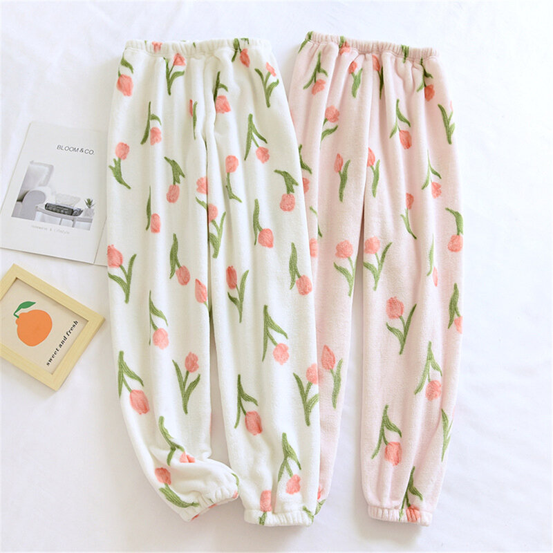 New Cute Plush Thick Winter Pajama Pants Women Colthes Printed Flannel Pyjama Trousers Warm Cozy fluffy Coral Fleece Home Pants