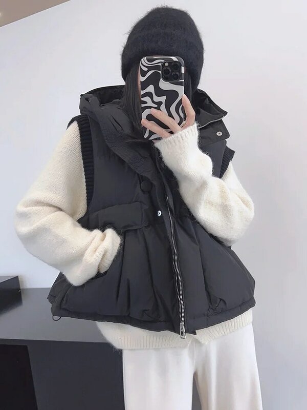 ENjoyce 2023 inverno donna Vintage felpa con cappuccio corto 90 anatra leggero piumino piumino stile coreano cappotti senza maniche