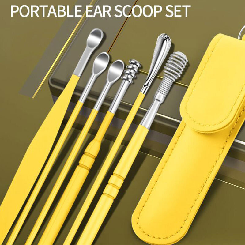 Nettoyeur d'oreille en acier inoxydable, lot de 6 pièces, outil de nettoyage, Cuillère de nettoyage, spirale à ressort