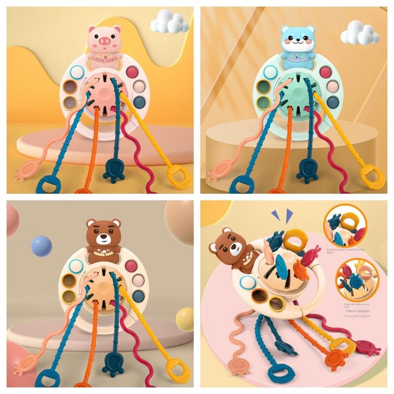 Silikon Montessori tali tarik Babi Beruang 3 In 1 mengembangkan Mainan Gigit String mainan sensorik pegangan jari pelatihan anak-anak/anak-anak