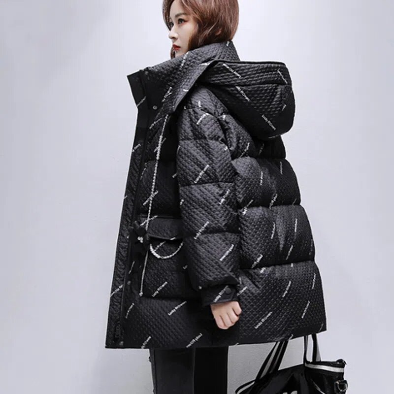 Impresso com capuz jaqueta feminina wear 2022 inverno novo solto engrossar casaco de algodão quente parkas moda casual feminino outwear
