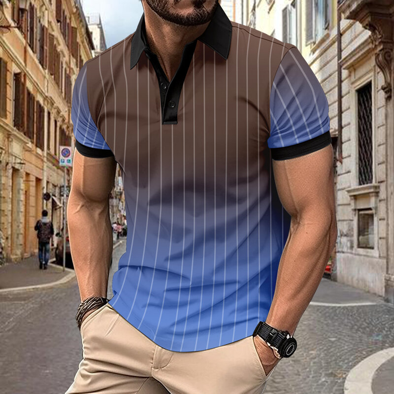 New summer men's casual sports men's polo shirt Fashion color contrast button stripe sports polo shirt