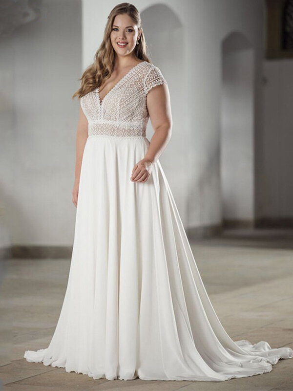 Classic Wedding Dress Plus Size V-Neck Short Sleeves Elegant Bridal Gowns Chiffon A-Line Zipper Backless Vestidos De Novia