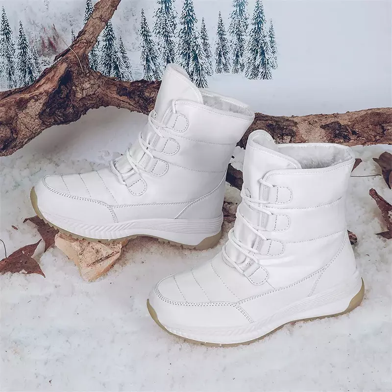 Botas de nieve impermeables para mujer, zapatos de plataforma de felpa, con cordones, a media pantorrilla, para invierno, 2024