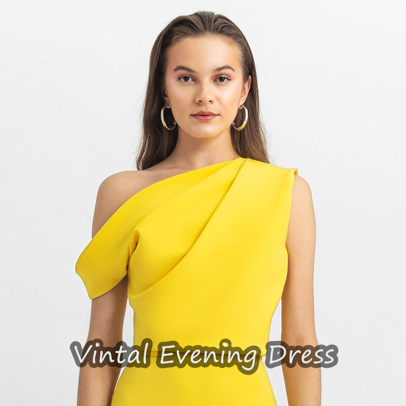 Vindal Knee Length A-Line Evening Dress Sweet Crepe One-Shoulder Zipper Up Prom Dress Short Sleeves Built-in Bra For Woman 2024