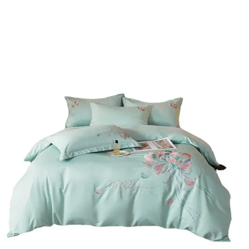 Pele-Friendly cama bordado escovado, luxo luz conjunto de quatro peças, solteiro, lençol casal, colcha tampa