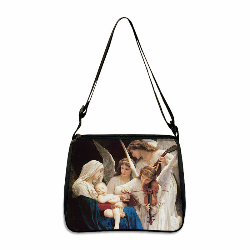 กระเป๋าถือผ้าใบสำหรับผู้หญิงกระเป๋าใส่ของใต้วงแขนน่ารักพกพาได้มีลาย Jesus / Holy Mary