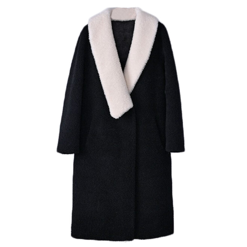 Mantel panjang kerah lipat untuk wanita, jaket bulu asli, mantel Parka PT332 kerah lipat untuk wanita domba
