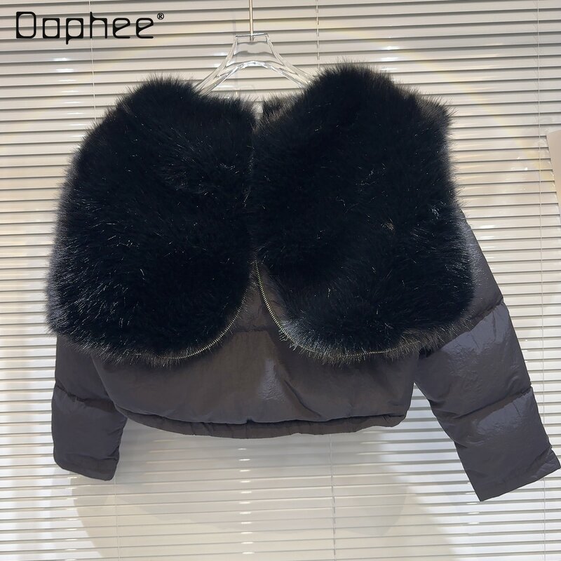Streetwear Warm Big Fur Shawl Zipped Cotton-Padded Jacket Female 2023 New Loose Hat Collar Long Sleeve Short Cotton Coat Women