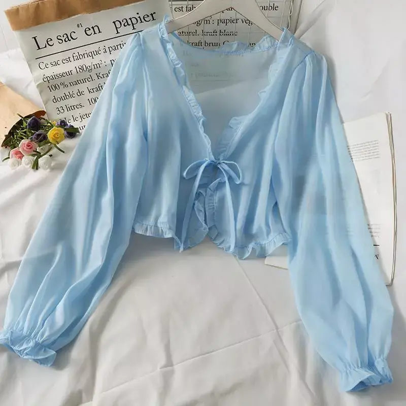 Kaus Lengan Panjang Tipis Bersirkulasi Wanita Blus Kardigan Renda Busur Pakaian Blus Pakaian Luar Perlindungan Matahari Ruffle untuk Penutup