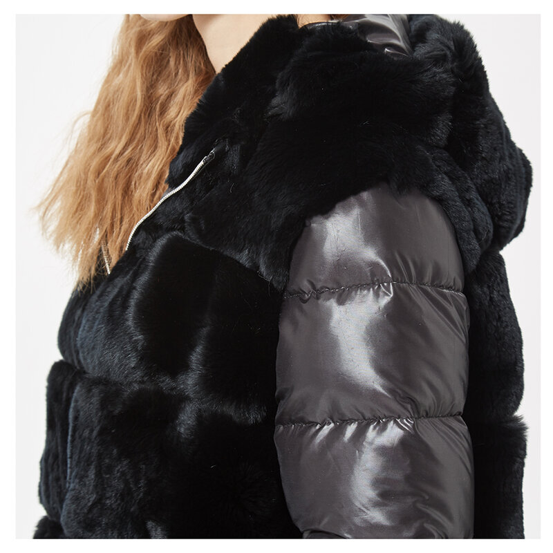 Jaqueta de pele de coelho Rex curto natural feminino com capuz de pele, mangas de inverno, casaco esportivo, Estilos mais vendidos