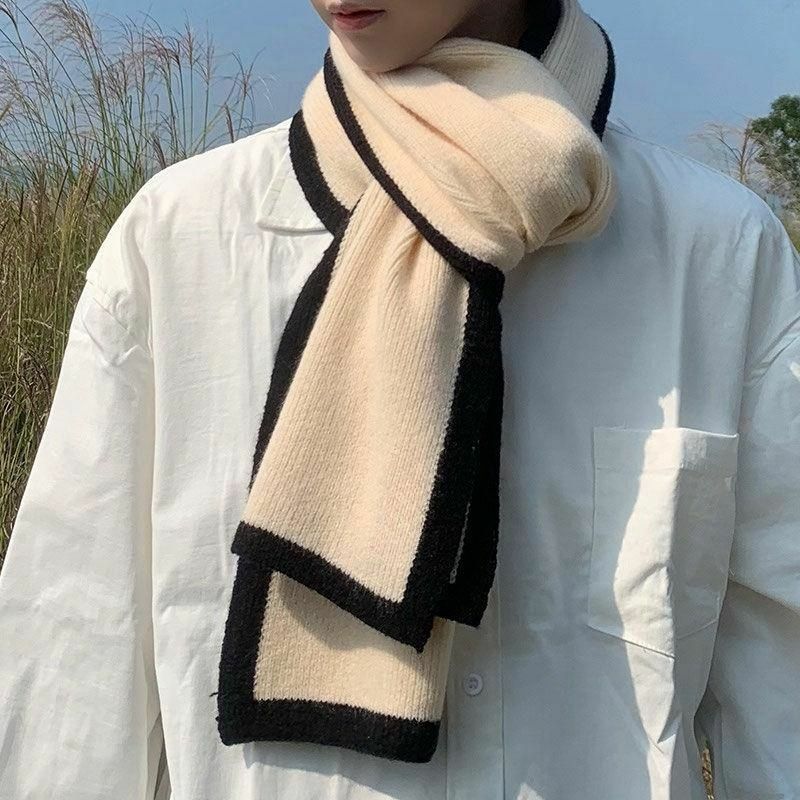 Syal wol hangat musim dingin gaya Korea untuk wanita desain bergaris syal rajutan elastis Bandana wanita syal selendang tebal 2023