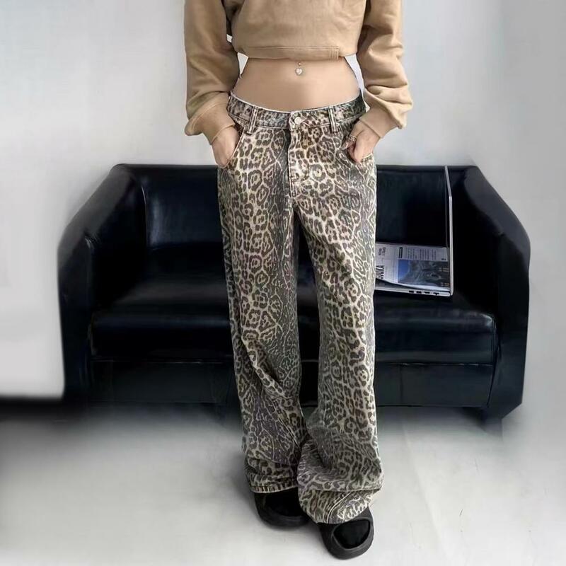 Jeans de perna larga feminina e masculina com estampa leopardo, streetwear retrô, calça jeans com bolsos hop, zíper