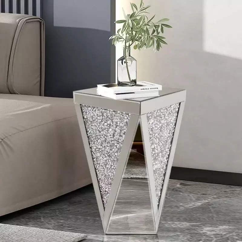 Silver Mirrored End Table, Crystal Inlay Side Table Accent Table, Small Mirrored Coffee Table for Living Room, Bedroom, Corner,