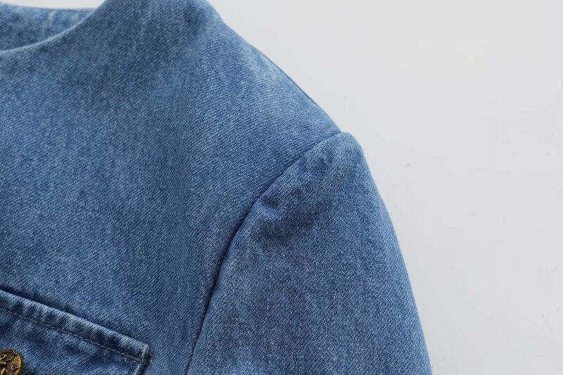 Jaqueta jeans curta e fina com gola em O, manga longa vintage, casaco de botão, blusa chique, decoração de bolso flip, nova moda