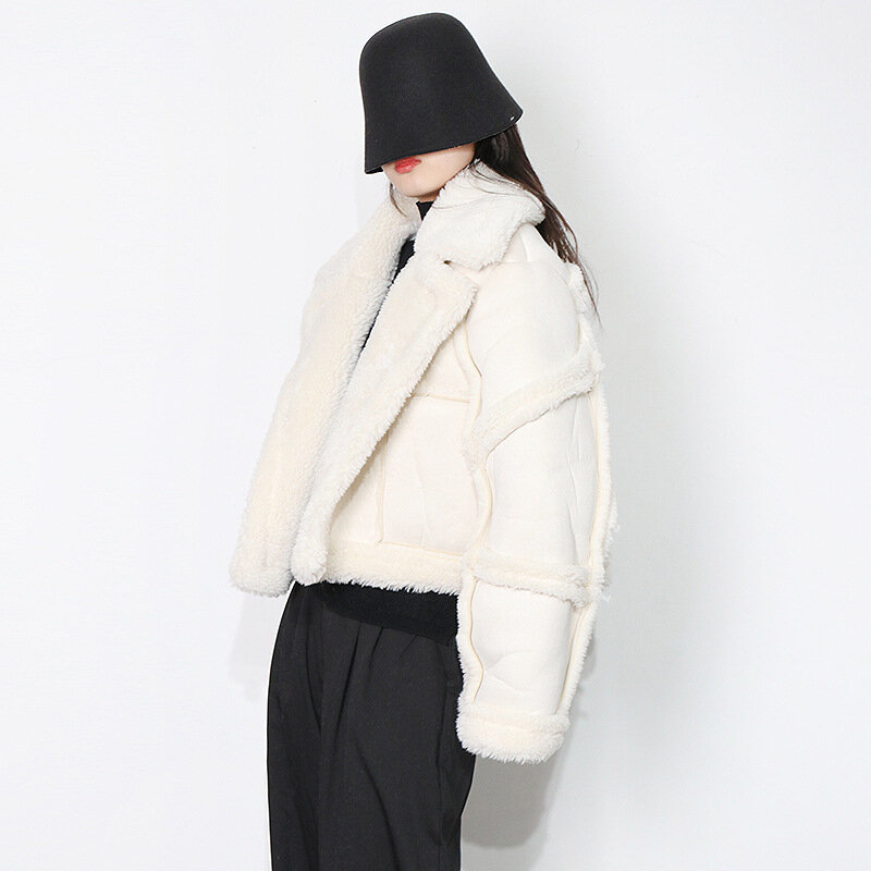Утепленная женская куртка из кожи и меха, зимняя новая однотонная короткая куртка с лацканами и пэчворком из овечьей шерсти для женщин