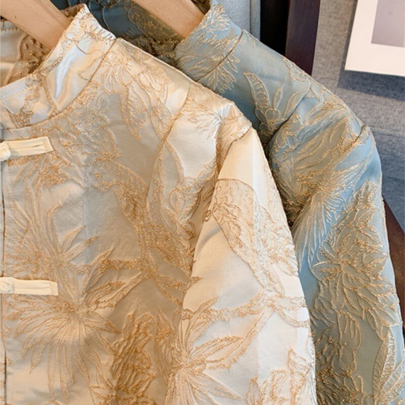 Abrigo corto de Jacquard de brocado para mujer, Top de manga larga, cuello alto de un solo pecho, temperamento nacional, estilo chino, nuevo