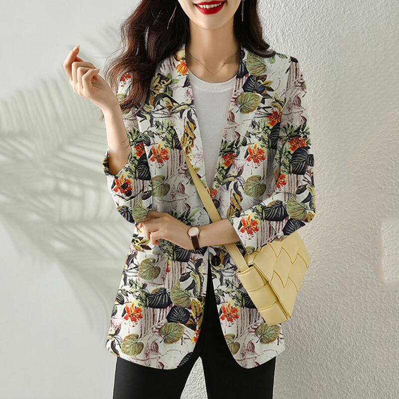 Women Suit Jacket Elegant Floral Printed Lapel Suit Coat with Single Button Closure Pockets Women's Workwear Outerwear Women