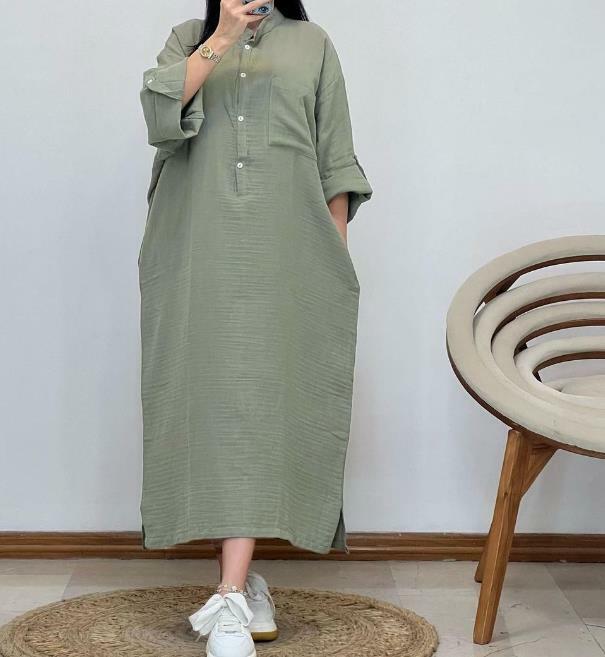Vestido de manga larga holgado para mujer, ropa informal con botones y cuello de pie, a la moda, para primavera y verano, 2023