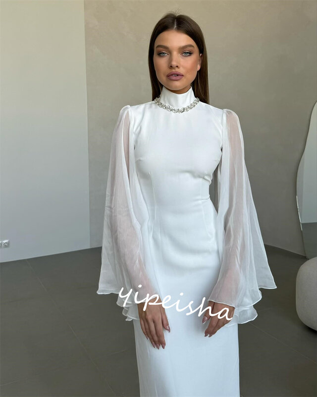    Saudi Arabia Satin Beading  A-line High Collar Bespoke Occasion Gown Midi es    Dresses