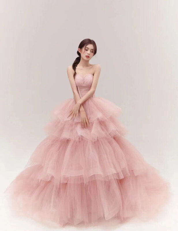 French Elegant Pink Fairy Evening Dress Birthday Ball Sexy Simple Prom Skirt Pleated Mesh Wedding Party Dress
