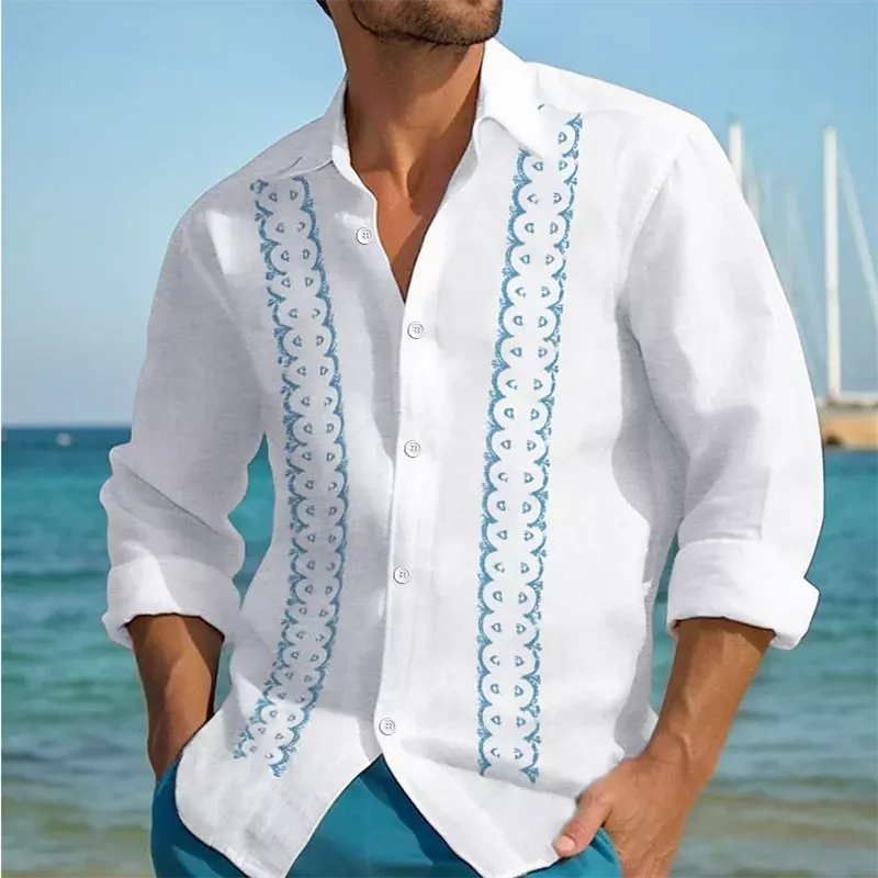 Kemeja Linen pria atasan lengan panjang, Kaus bergaris kerah Hawaii pakaian liburan nyaman