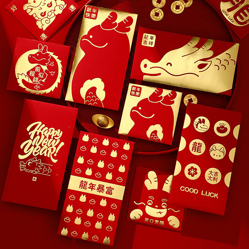 ซองแดงลายมังกร2024ปีฮงเปา2024เทศกาลตรุษจีนแพ็คเก็ตสีแดงนำโชคสำหรับถุงซานตา6ชิ้น