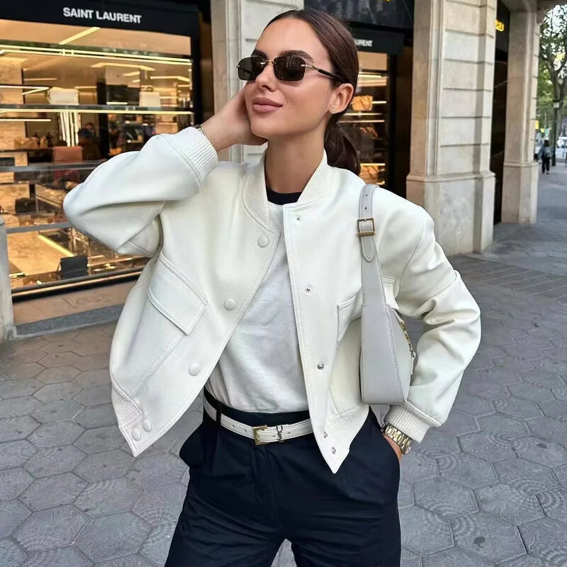 TRAF Woman Bomber Jacket Coat White Autumn Winter Button Baseball Aviator Cropped Jackets for Women Long Sleeve Crop Outerwear