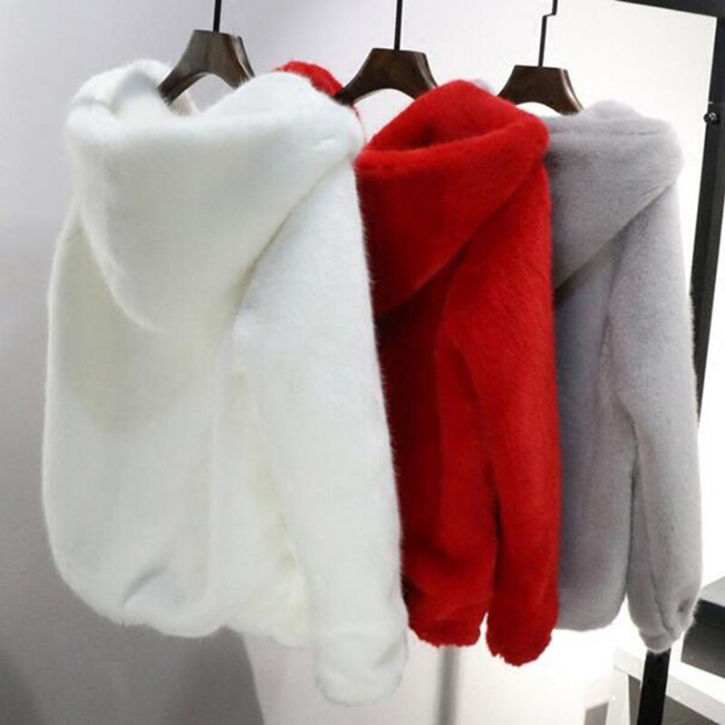 Rabbit Imitation Fur Winter Soft Mink Faux Fur Coat Warm Artificial Fur Hooded Fashion Women Jacket White Black