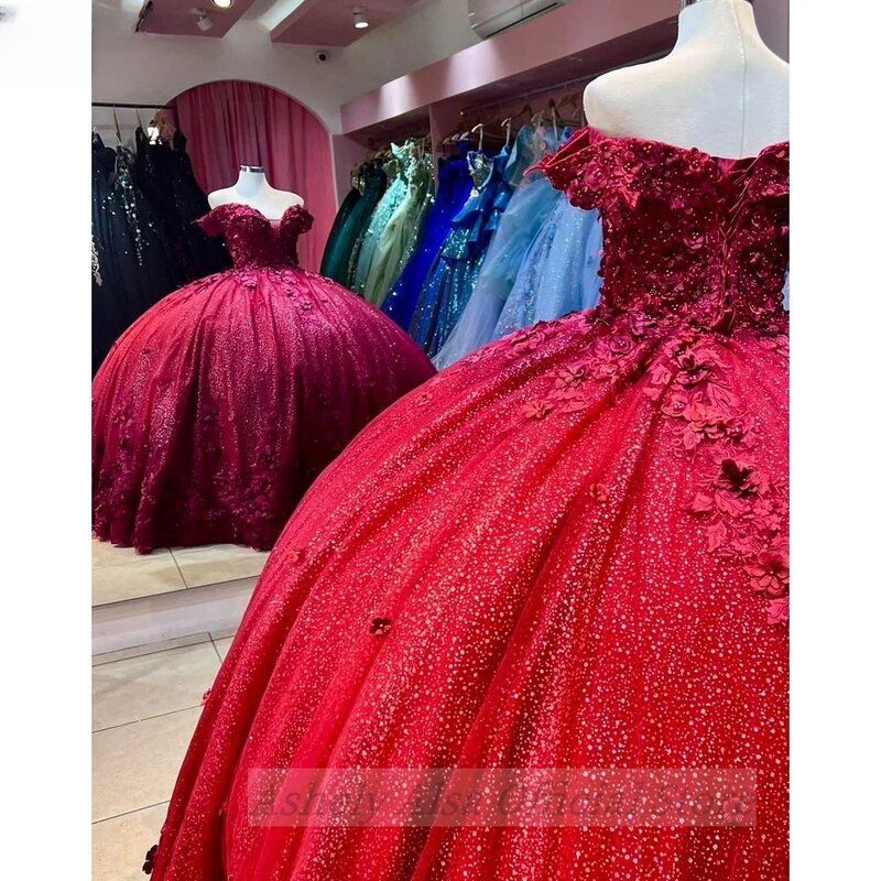 Abiti Quinceanera bordeaux arabo saudita con spalle scoperte gonna a sfera floreale 3D Vestido De 15 16 Anos ragazza festa di compleanno abito da ballo